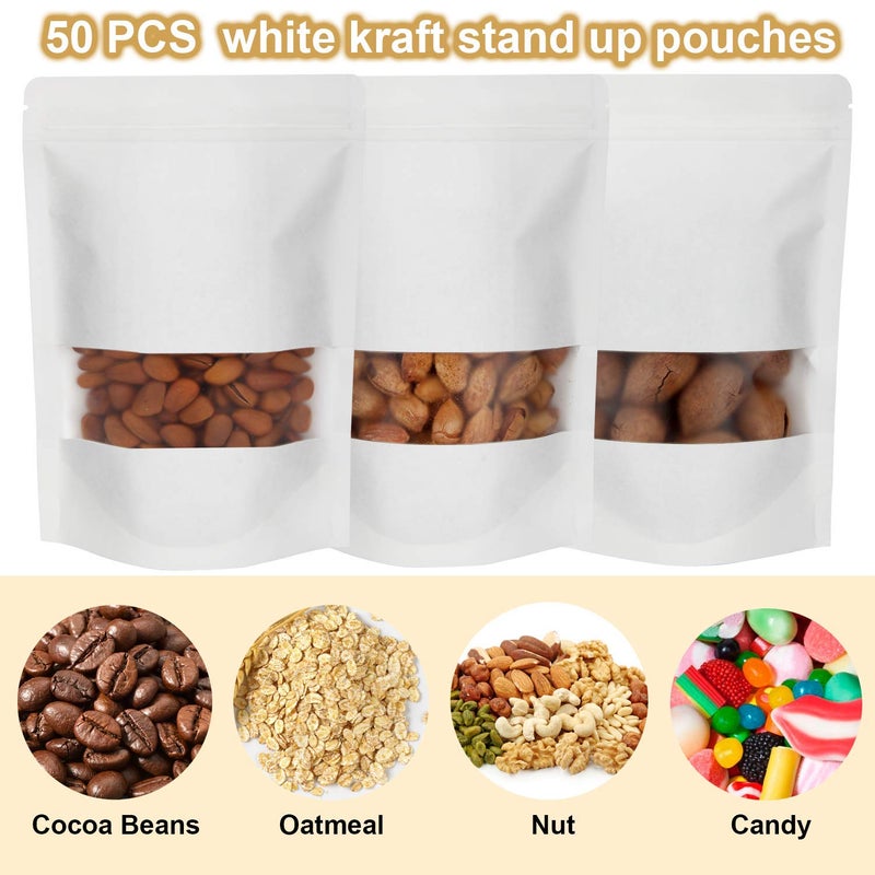Blisstime 50 Pieces Resealable Bags for Small Business, White Kraft paper Stand Up Pouches with Matte Window Reusable Heat Sealable Bags for Packaging (4.7 X 7.9 Inches) - Image 4